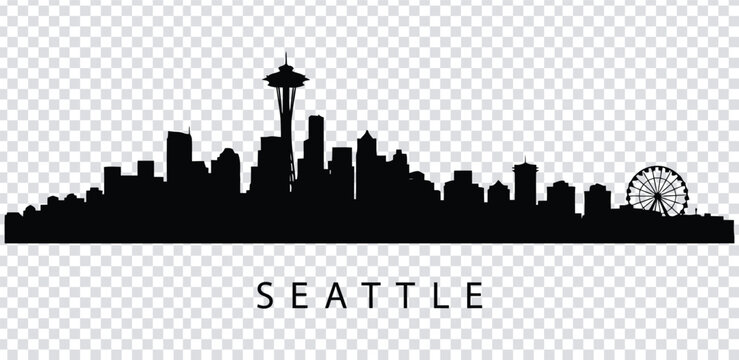 Vector illustration black silhouette of seattle city skyline with space needle and ferris wheel