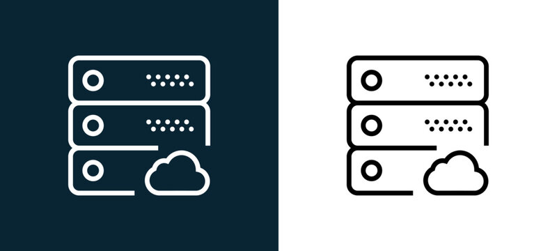 Two-color server outline icon pair in black and white, editable stroke vector illustration for web, mobile apps, UI design, branding, and print from interaction set