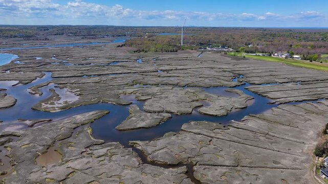Third Cliff village aerial view at the North River mouth to the Atlantic Ocean in town of Scituate, Massachusetts MA, USA. 
