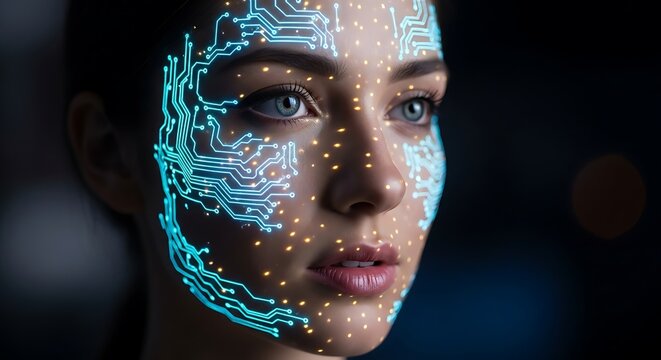 Illuminated facial contours display intricate electronic circuitry patterns on a dark background