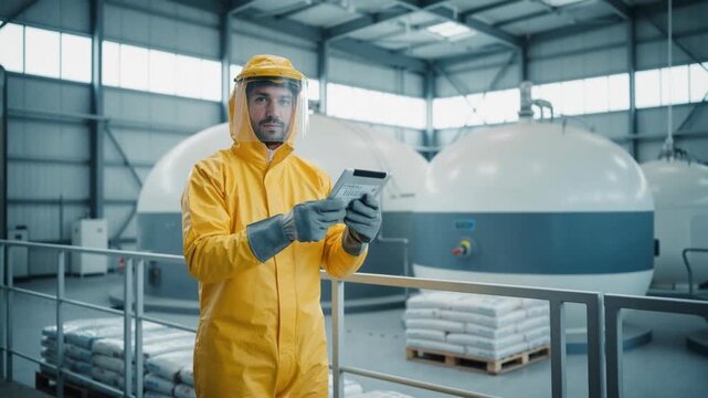 Smiling industrial worker in yellow protective suit holding tablet. Professional engineer inspecting equipment in modern factory or plant.
