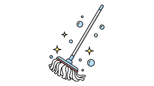 Cleaning mop stands upright surrounded by floating blue soap bubbles and yellow sparkles in a clean cartoon style.