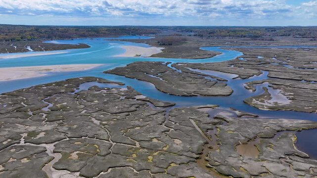 Scituate marsh aerial view at North River mouth to the Atlantic Ocean in town of Scituate, Massachusetts MA, USA. 