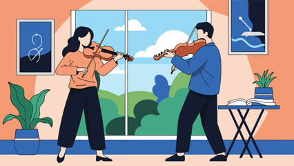Flat design illustration of a man and woman playing violins in a stylish modern living room with large windows. © Fathya
