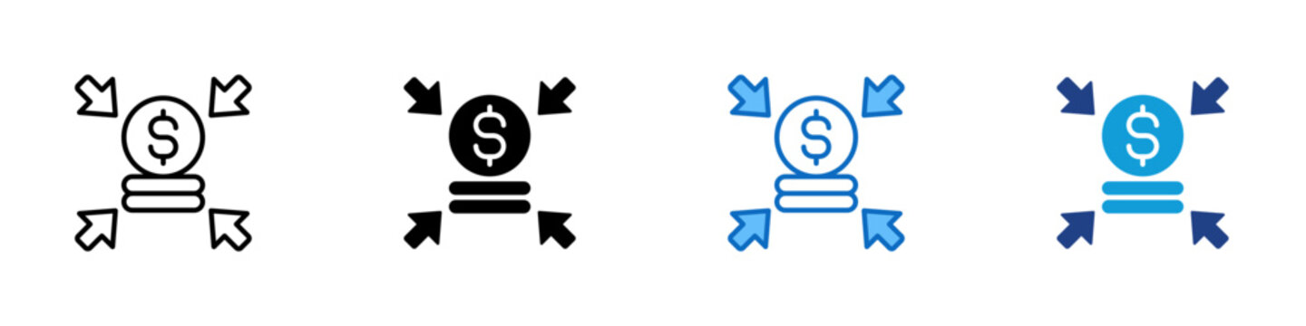 Fund Centralization Multiple Style Icon Design Vector - Coin with inward arrows representing fund consolidation, capital aggregation, and centralized financial control