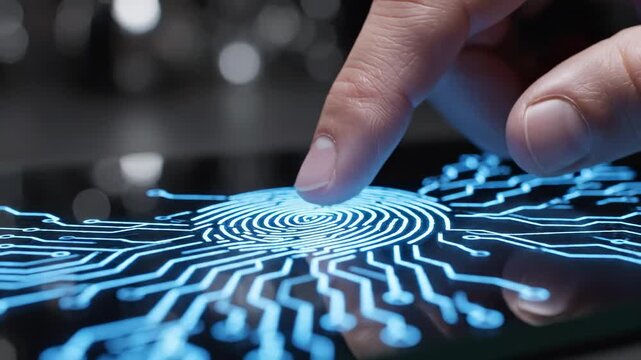 This shows a close-up of a finger touching a glowing blue fingerprint scanner. The dark room with blurred background lights emphasizes the biometric technology.