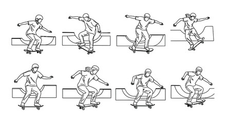 Skateboarders performing tricks on various ramps in a linear style © MdNirob