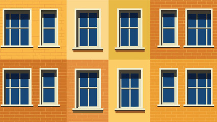 Obraz premium Patterned building facade displays rows of uniform windows on multi-colored brick walls in shades of yellow and orange.