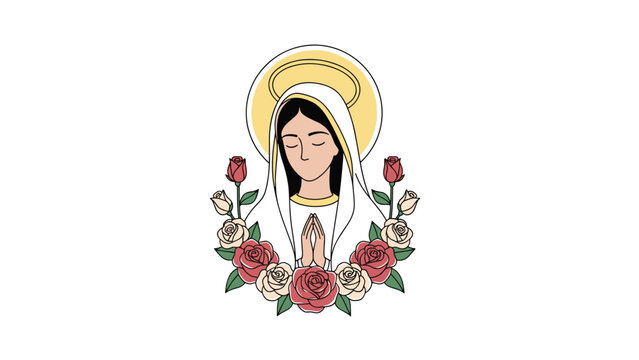 Religious illustration of Virgin Mary shows her in prayer with a golden halo and surrounded by a wreath of pink and white roses.