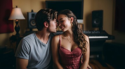 Fototapeta premium A young couple shares an intimate loving embrace in a cozy home recording studio embodying warmth and connection