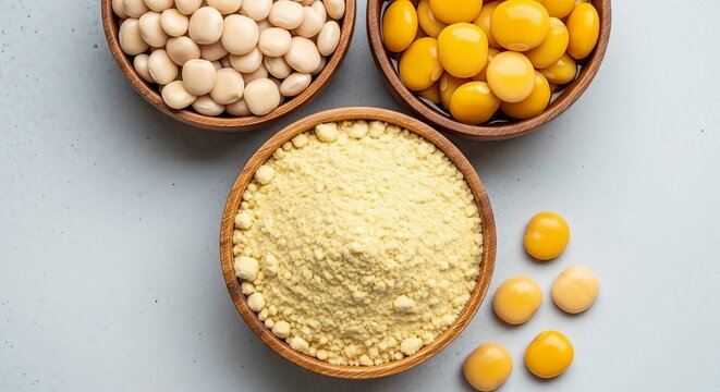 Wooden bowls with white and yellow lupin beans flour gray background natural healthy food nutrition photo