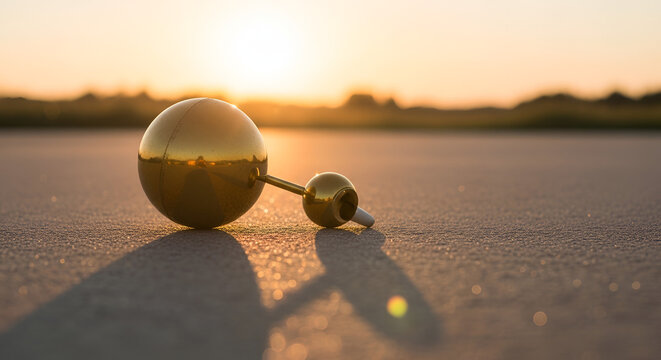 Golden baby rattle on a textured surface during a warm sunset, casting a long shadow, evokes childhood and nostalgia