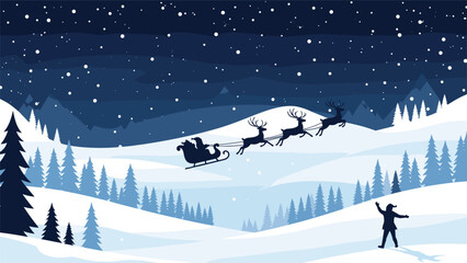 Santa Claus riding on a sleigh with reindeer through a beautiful snowy night landscape with pine trees and a star. © Fathya