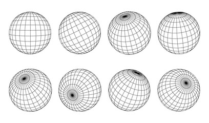 3d geometric circle sphere wireframe set for abstract digital and background shape concept. Round black lines for design element and network technology ball idea. 3d modern dot science art. © Shanvood