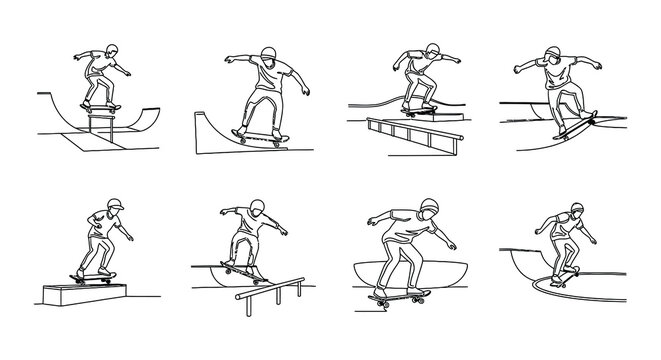 Skateboarders performing tricks on various ramps in a linear style