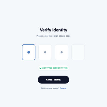 Two-factor authentication interface, secure identity verification screen with 4-digit code input, encrypted session login page for mobile app