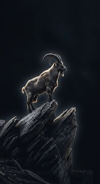 Mountain ungulate with large curved horns stands powerfully atop jagged dark rock formation