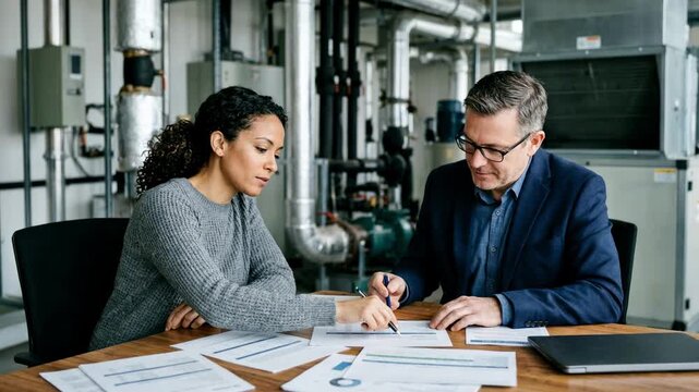 Medium shot of a customer reviewing efficient HVAC system financing proposals with a broker the background showing blurred ducts and ventilation units