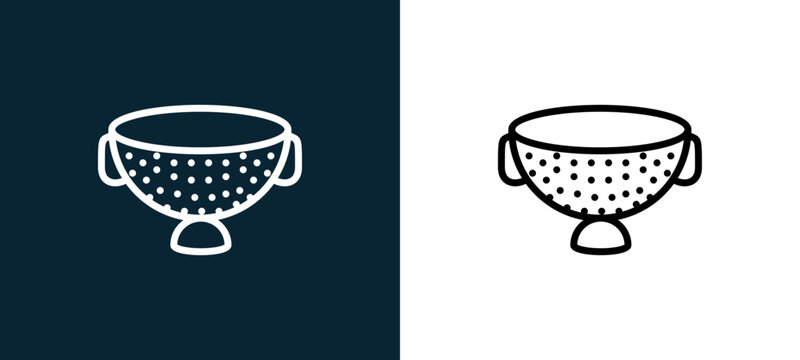 Two-color strainer outline icon pair in black and white, editable stroke vector illustration for web, mobile apps, UI design, branding, and print from gastronomy