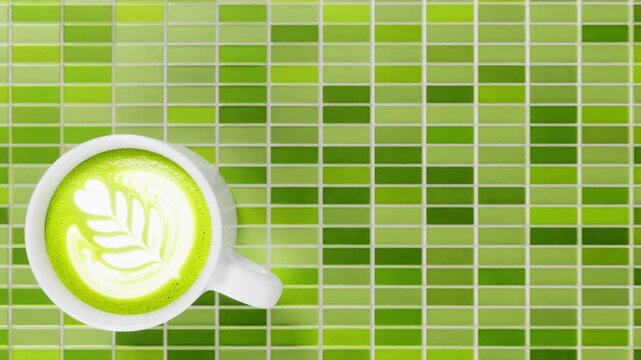 Horizontal matcha latte tea green art cup beverage caf&eacute; loop animation background ceramic kitchen tile mosaic, manual realistic 3D render backdrop banner promo template cover wallpaper drink top view