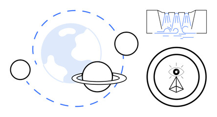 Science, mystery, exploration, celestial , conceptual ideas, astronomy. Saturn, Earth geometric eye and waterfall. Science and mystery with planetary and symbolic elements © robu_s