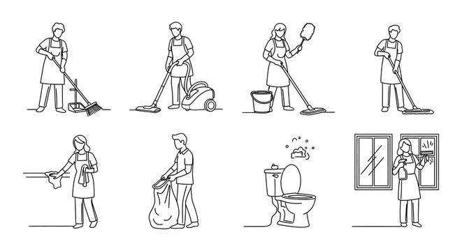 Line art illustration of people performing various cleaning tasks