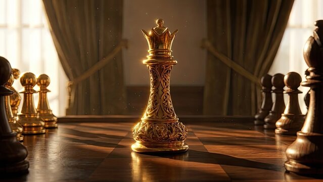 Golden Queen on the Chessboard: A meticulously crafted golden queen chess piece stands as the focal point on a polished wooden chessboard, symbolizing power, strategy.