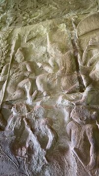Detailed Stone Carved Mural With Apsaras at Angkor Wat (Siem Reap, Cambodia)