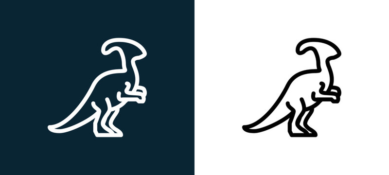 Two-color parasaurolophus outline icon pair in black and white, editable stroke vector illustration for web, mobile apps, UI design, branding, and print from diaur