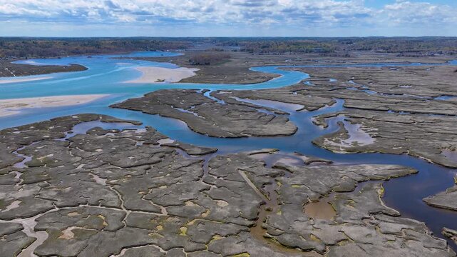 Scituate marsh aerial view at North River mouth to the Atlantic Ocean in town of Scituate, Massachusetts MA, USA. 