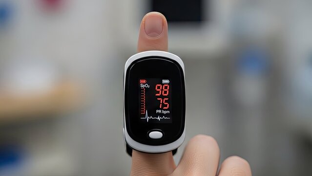 Close up of fingertip pulse oximeter displaying vital health measurements
