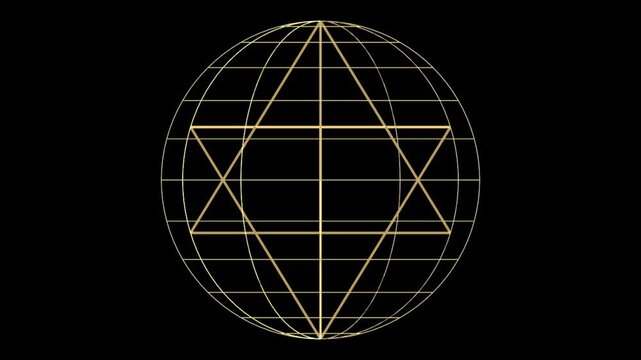 Rotating Merkaba Sacred Geometry Inside Golden Wireframe Sphere, Seamless Loop (Alpha)