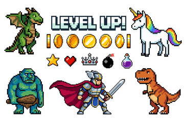 Pixel art 8-bit game assets set, retro arcade icons with dragon unicorn dinosaur knight coins and level up UI elements vector illustration © Bohdan