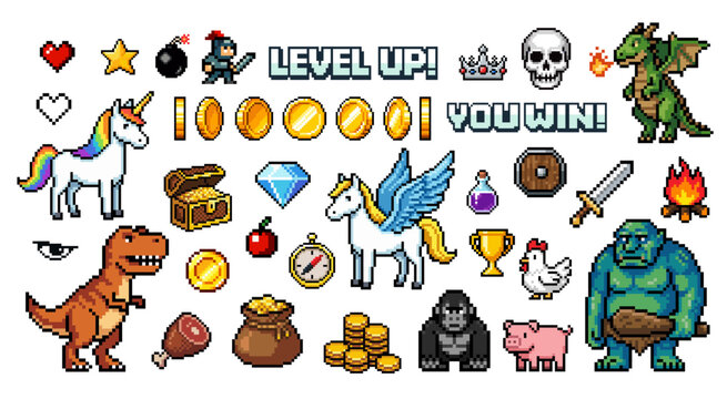 Pixel art 8-bit game assets pack, retro arcade icons with fantasy characters treasure coins weapons and you win UI elements vector illustration
