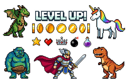 Pixel art 8-bit game assets set, retro arcade icons with dragon unicorn dinosaur knight coins and level up UI elements vector illustration
