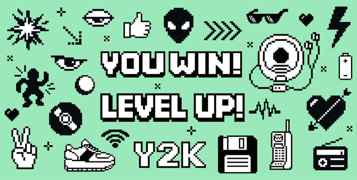 Retro pixel art icon collection, 8 bit lifestyle and technology symbols including phone music food and digital devices vector set