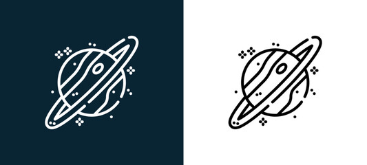 Two-color saturn outline icon pair in black and white, editable stroke vector illustration for web, mobile apps, UI design, branding, and print from space © MacroOne