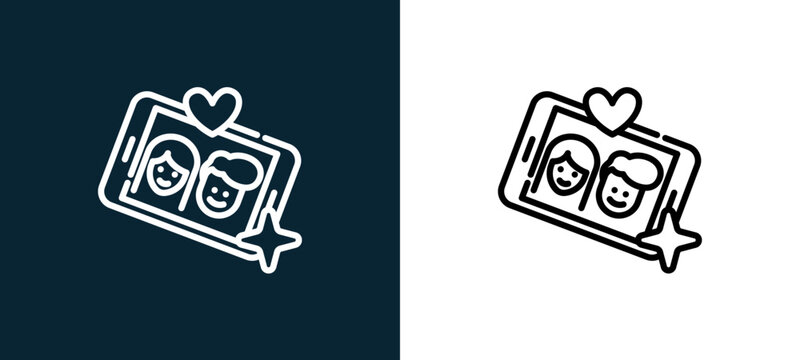 Two-color selfie outline icon pair in black and white, editable stroke vector illustration for web, mobile apps, UI design, branding, and print from date night