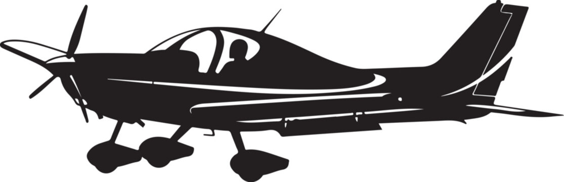 Black airplane vector, small plane silhouette, aircraft icon, monoplane illustration