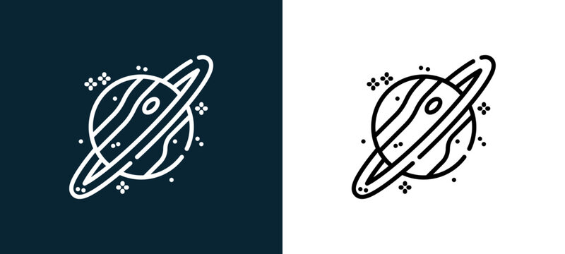 Two-color saturn outline icon pair in black and white, editable stroke vector illustration for web, mobile apps, UI design, branding, and print from space
