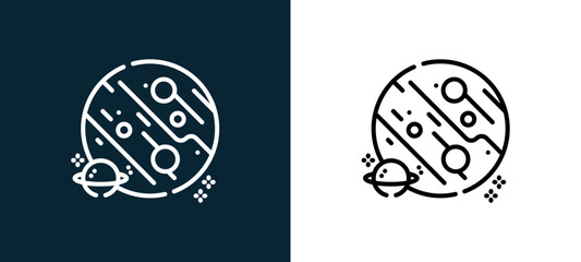 Two-color planet outline icon pair in black and white, editable stroke vector illustration for web, mobile apps, UI design, branding, and print from space © MacroOne