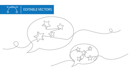 Fototapeta premium Minimalist continuous line art speech bubbles with stars, editable vector set of two chat icons, modern outline communication bubbles for feedback