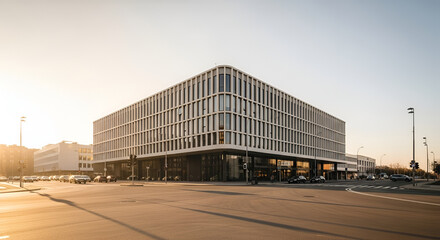 Obraz premium Modern office building exterior with geometric facade and glass windows, bathed in warm sunset light, urban architecture concept