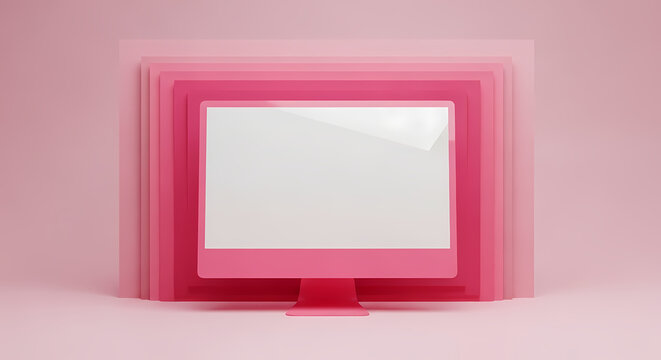 Minimalistic pink computer monitor on pastel background