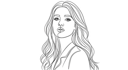 Fototapeta premium Line art portrait of a young woman with wavy hair, subtle expression, profile view, elegant and minimalist style, suitable for beauty and fashion concepts