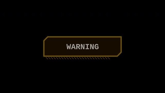 Flickering warning sign overlay with digital glitch effect and futuristic border.