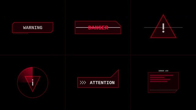 Collection of futuristic sci fi warning and danger alert HUD elements with red glowing animations.
