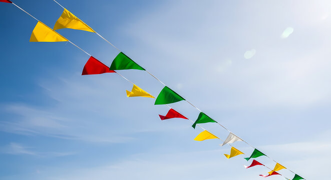 Colorful triangular flags against a bright blue sky