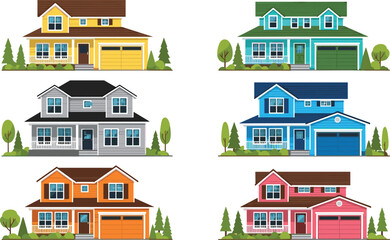 Obraz premium Modern Residential Houses Collection Vector Illustration Set Featuring Colorful Suburban Homes with Garage Trees and Exterior Architecture for Real Estate Design Projects