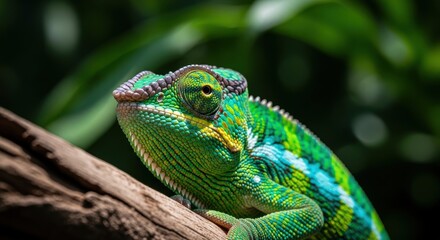 Obraz premium A close-up of a chameleon perched on a branch, its vibrant colors contrasting with the lush green foliage. The chameleon’s unique skin patterns and captivating eyes make it a fascinating subject